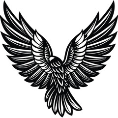 Bold Black and White Eagle Line Art - Vector Illustration,
Flying Hawk Tattoo Design - Monochrome Digital Artwork,bird's wing