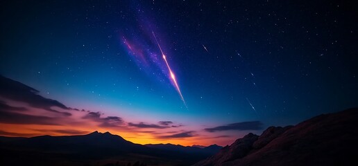 Meteor Shower Over Mountains at Dawn