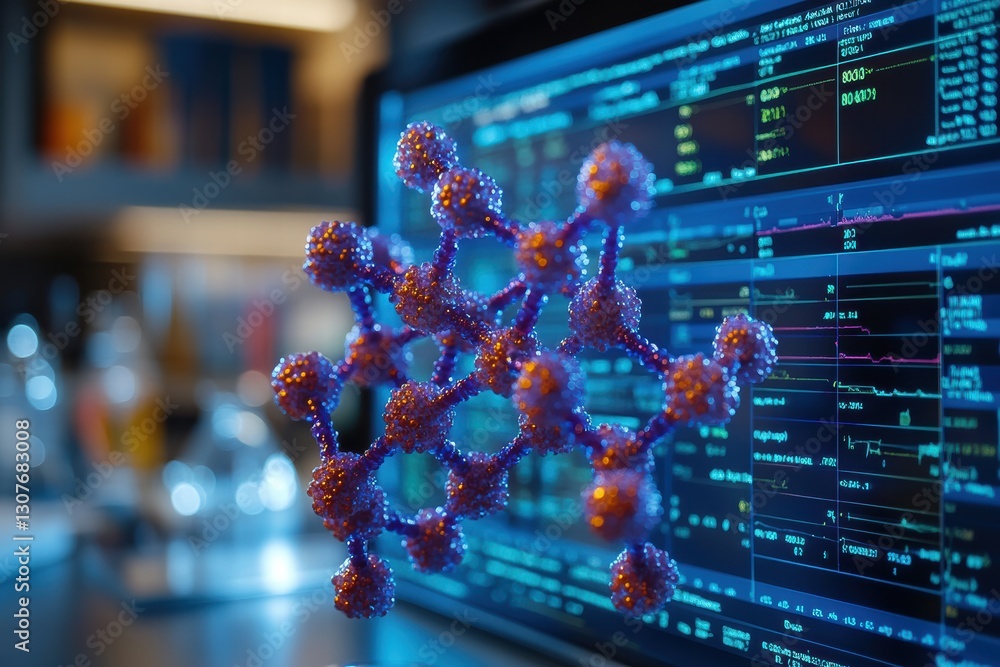 Poster molecular model of a protein displayed on a scientist's computer during research process