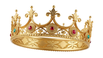 Gold King Crown, Intricate Design, Jewel-Encrusted, Isolated on Transparent Background, Royalty, 3D Render, Crown, Jewelry, Regal