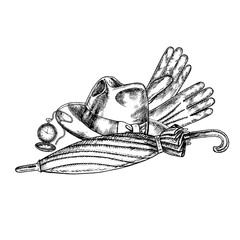 Men s hat, pocket watch, umbrella, cane and gloves. Hand-drawn vector illustration. Black and white image of vintage men s accessories. Perfect for banners, flyers, packages, labels, invitations.
