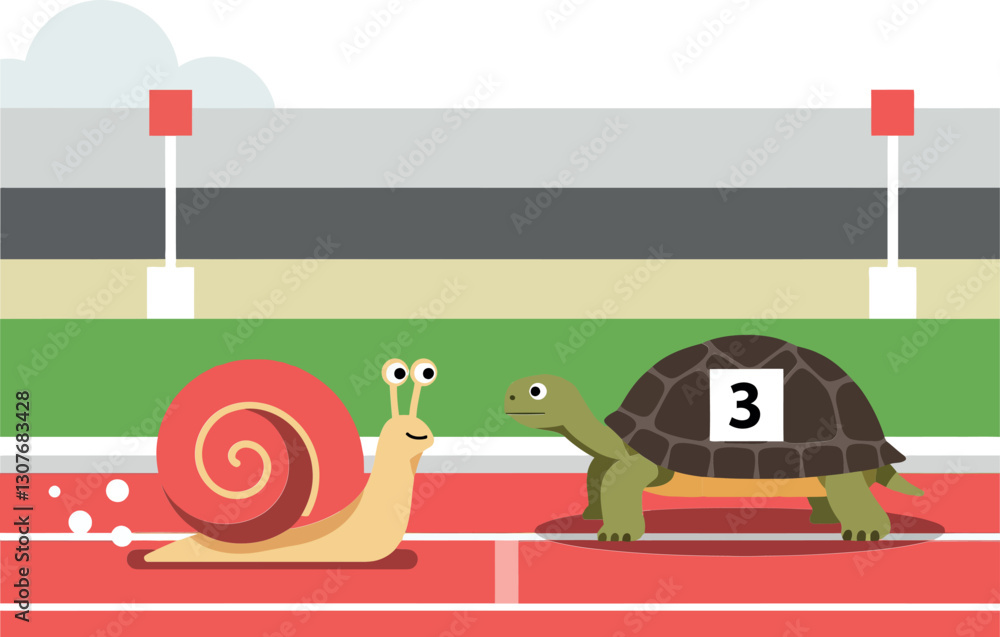 Poster a cheerful snail and a determined turtle racing on a track in minimal vector art