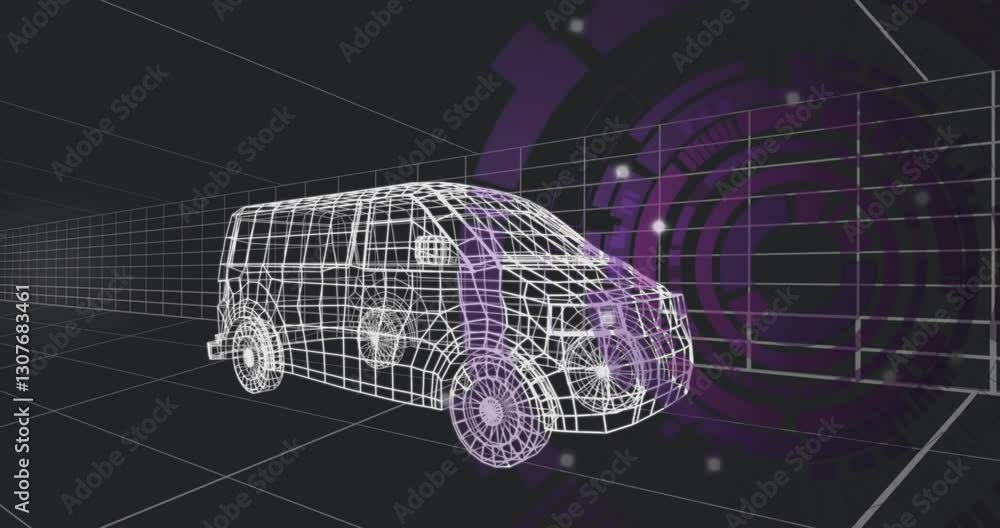 Poster animation of wireframe van model with digital gears in futuristic design