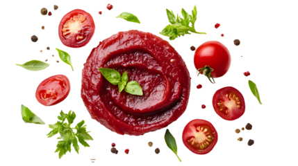 Tomato paste with pieces of vegetables, organic pure texture smeared, placed on white or transparent background, top view.