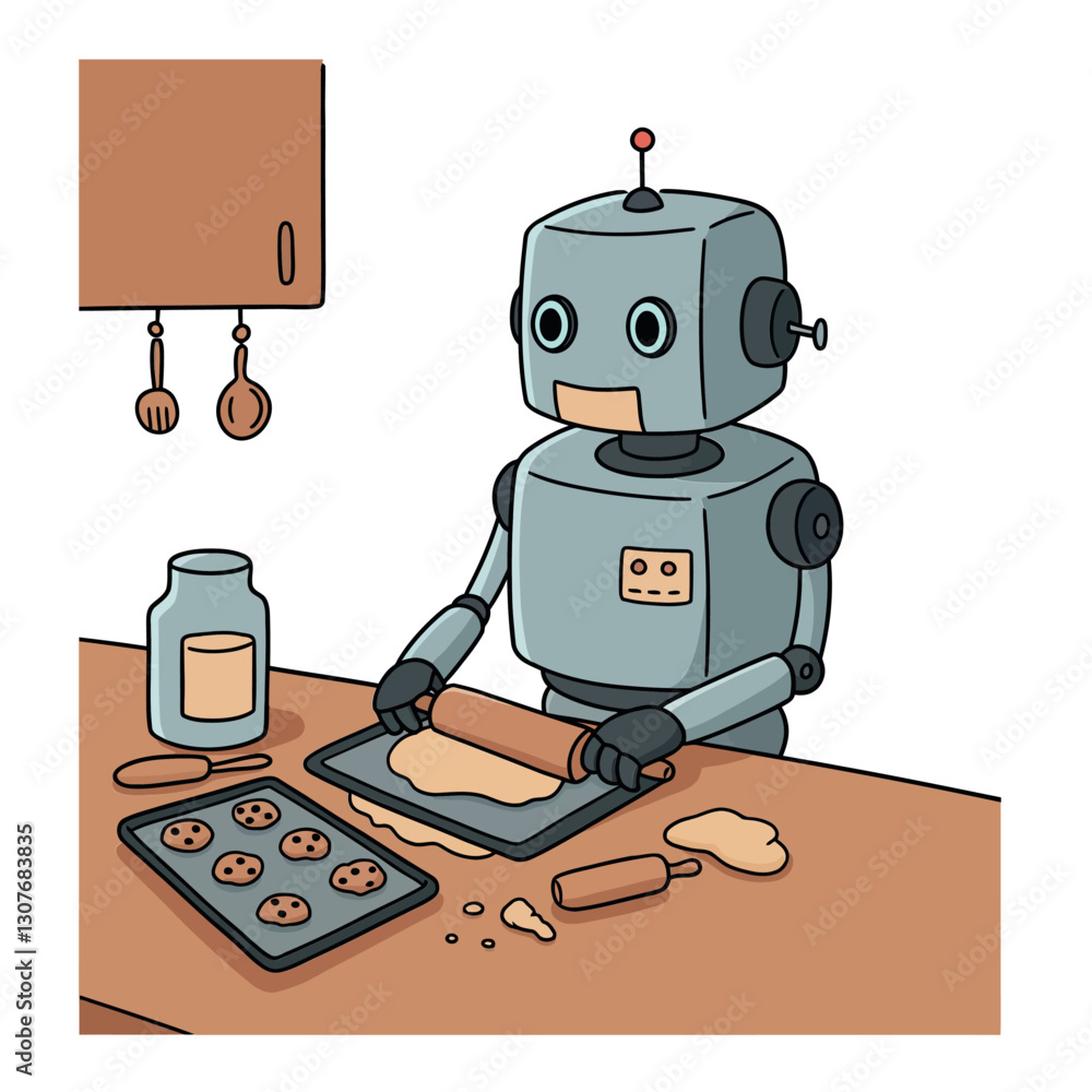 Poster a cute robot baking cookies in a minimal style with rolling pin and tray in vector art