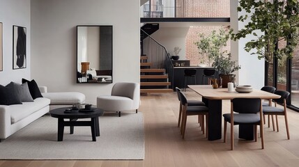 A large white-washed mirror leans against the wall in a stylish, empty living room with grey flooring and white walls