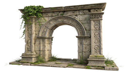 Fototapeta premium 3D Rendered Ancient Stone Archway, Overgrown with Vines, Isolated on Transparent Background, Game Asset, Architecture, Stone Arch, Ancient Ruins, 3D Model