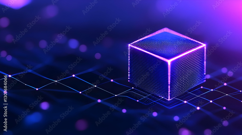 Poster futuristic neon cube on abstract digital background with circuits