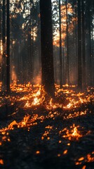 Obraz premium Forest fire at sunset, flames engulfing undergrowth.