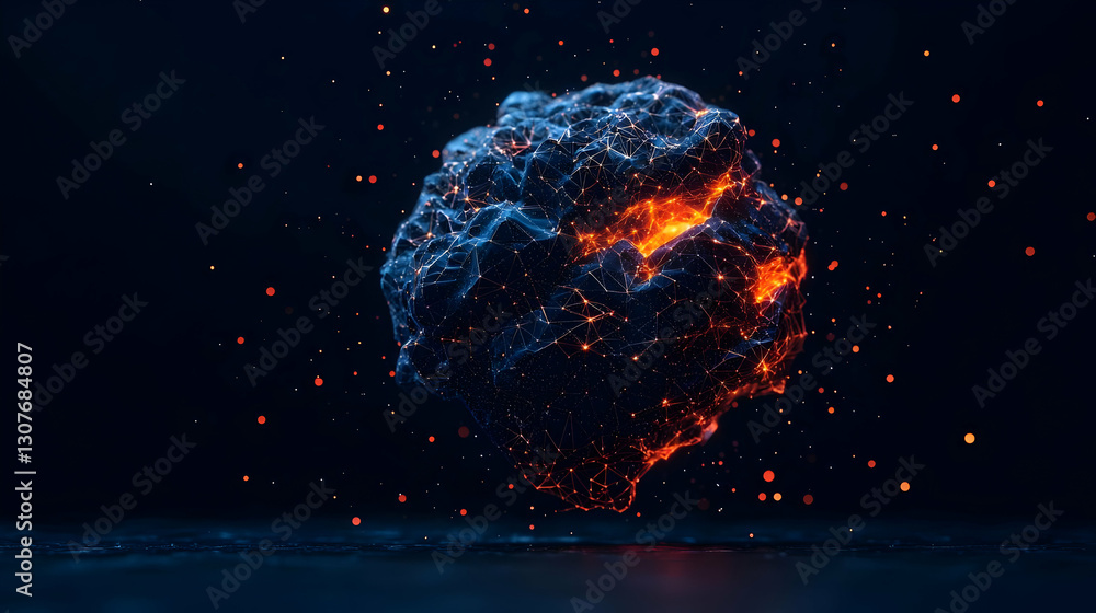 Poster abstract representation of glowing particles in a dark environment