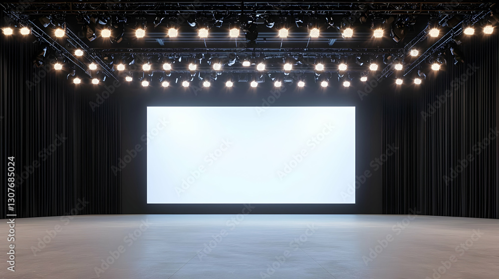 Poster empty stage setup with soft lighting and large blank screen