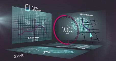 Dashboard animation showing speed, battery usage, and destination distance metrics