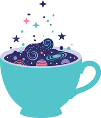 A whimsical teal cup overflowing with a galaxy of stars and planets in flat vector art