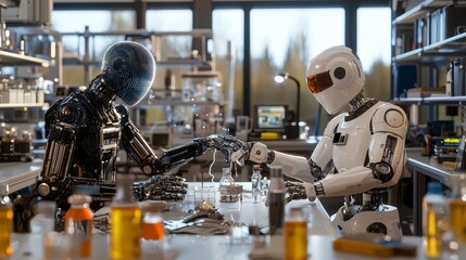 Naklejka premium Humanoid Robots Repairing Each Other in a Futuristic High-Tech Workshop