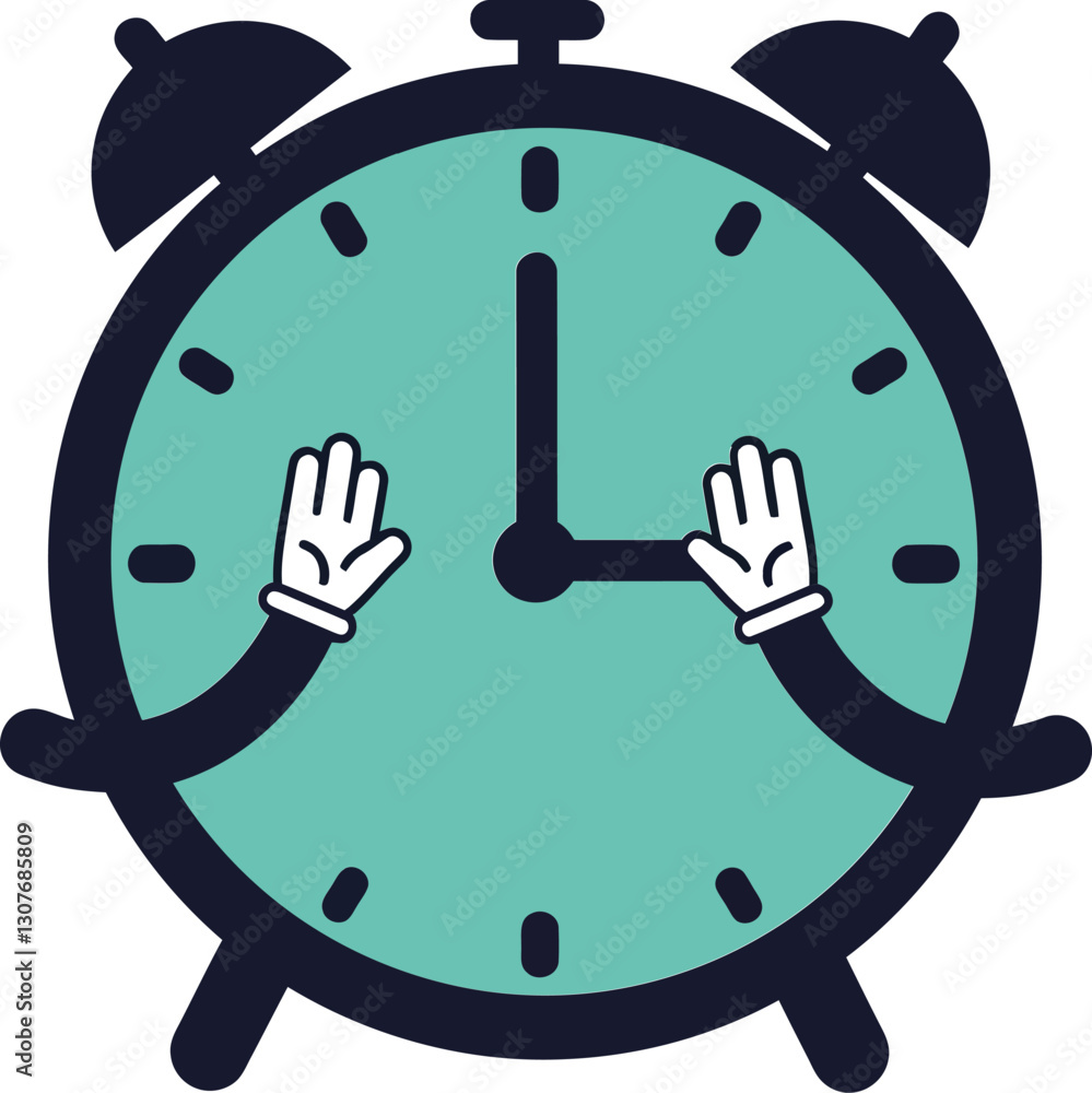 Poster alarm clock character with hands adjusting time in minimal flat vector illustration