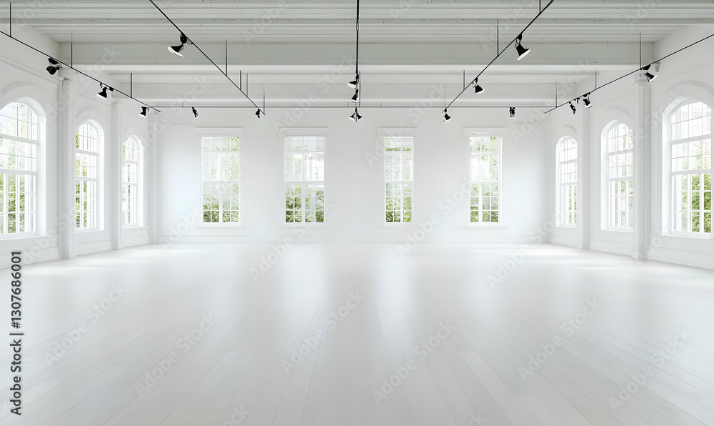 Poster bright and spacious empty room with large windows and white walls