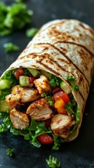 Delicious grilled chicken wrap filled with fresh vegetables and herbs on a dark background