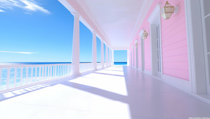 Pink beachfront house veranda, ocean view, sunny day, tranquil coastal scene, ideal for travel brochures or real estate ads