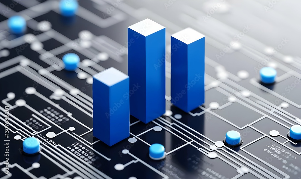 Poster blue bar graphs on circuit board technology background