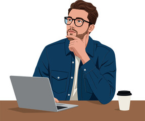 Thoughtful man in a blue shirt pondering over a laptop while enjoying coffee in a minimal vector illustration