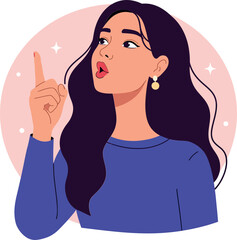 Thoughtful woman pointing upwards in a vibrant, minimal style vector illustration