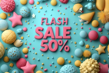 Naklejka premium Exciting flash sale offers 50% off with colorful decorations for shopping enthusiasts