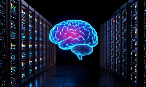 Futuristic Digital Brain in Data Center with Server Racks