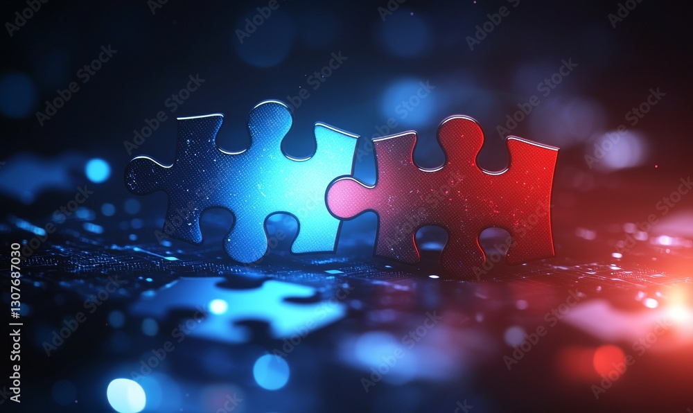Poster a digital depiction of api integration, featuring two interlocking puzzle pieces set against a futur