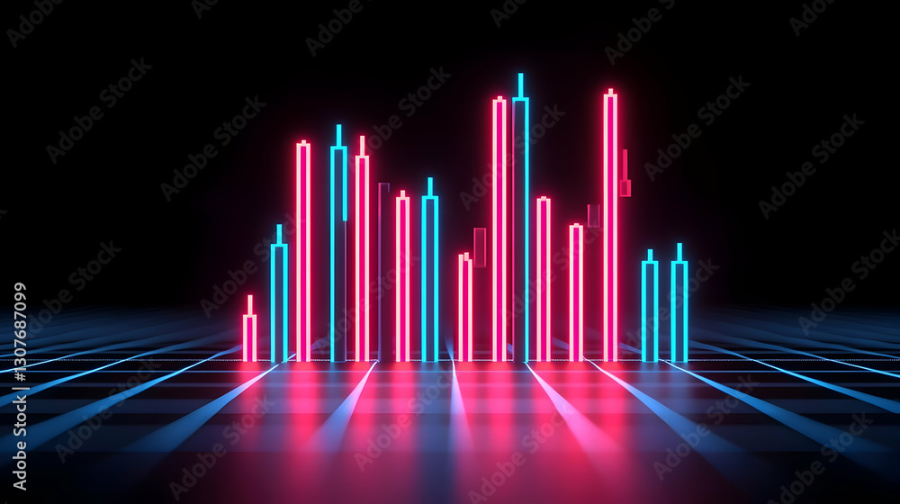 Poster neon graph with colorful bars on abstract grid background