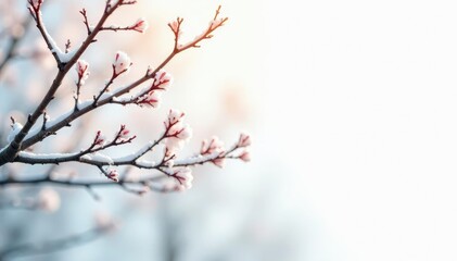 Delicate tree branches on a crisp white background, winter, leaves