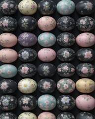 A row of eggs with flowers on them