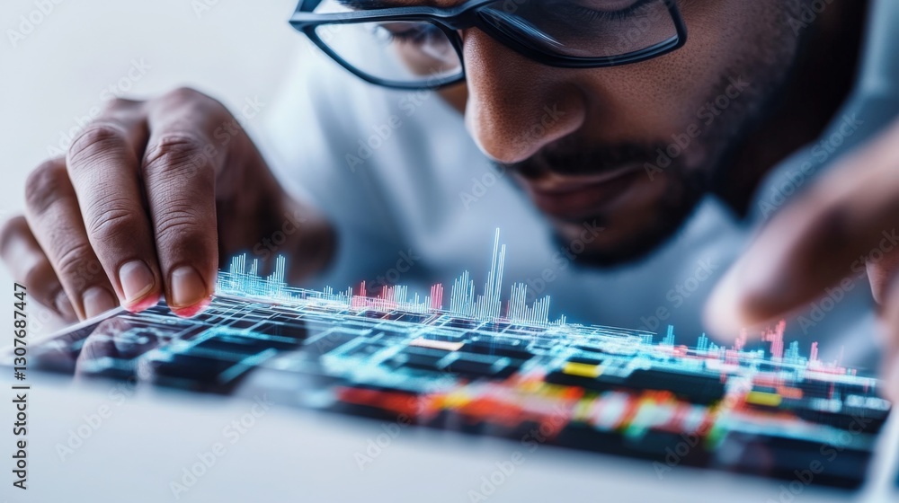 Poster analyzing data trends digital workspace infographic visualization modern office close-up data scienc