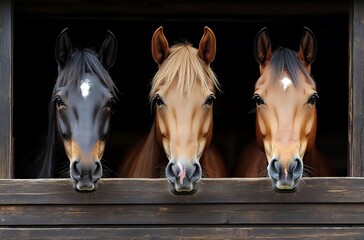 Obraz premium Three Horses Peering Out From a Stable in Natural Light