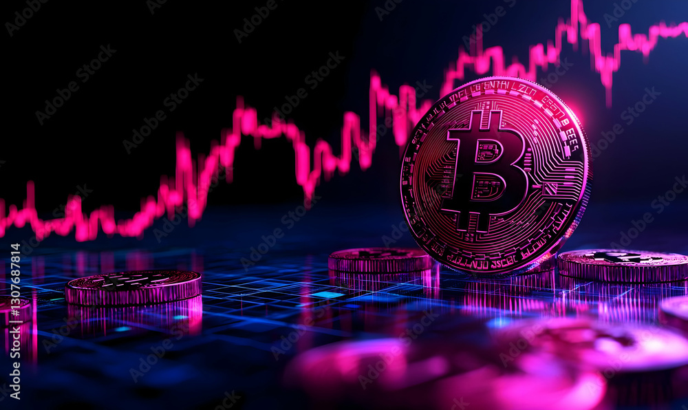 Poster bitcoin cryptocurrency coin with digital graph in abstract background
