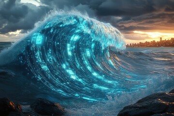 A massive wave illuminated by digital data, crashing near a city at sunset, symbolizing the digital age's impact.
