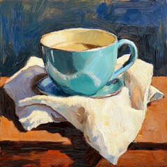 A cozy scene featuring a cup placed next to a soft towel, creating a warm and comforting atmosphere.