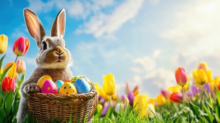 Cute rabbit holding a basket of colorful eggs in a vibrant flower garden during springtime