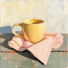 A cozy scene featuring a cup placed next to a soft towel, creating a warm and comforting atmosphere.