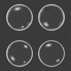 Set of transparent soap, hyaluronic acid, rain water bubbles. Isolated vector elements.