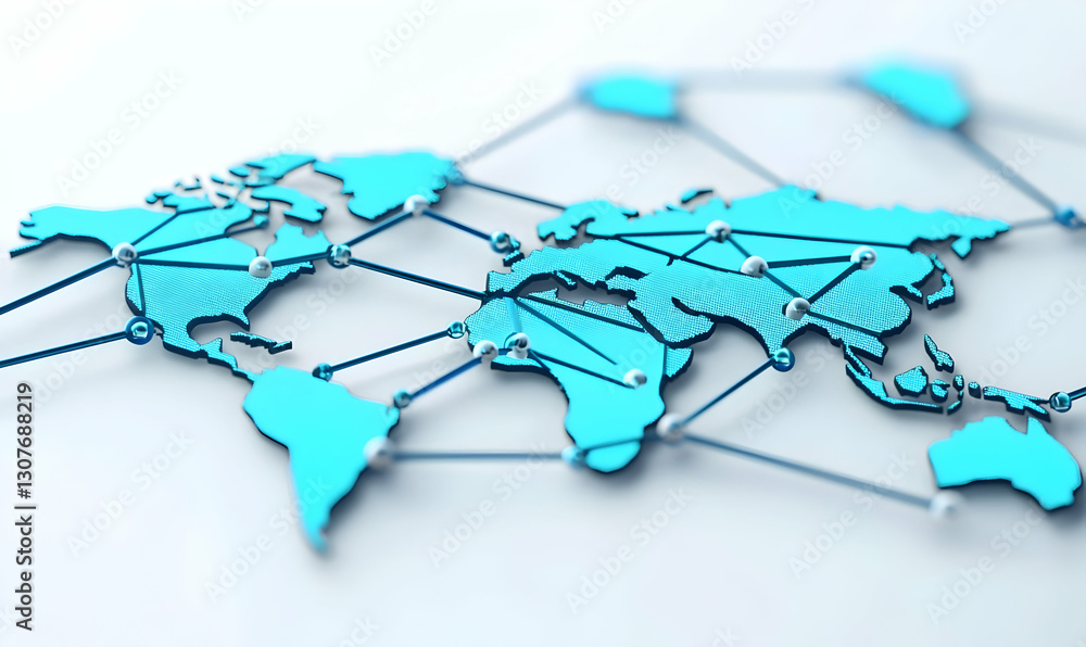 Poster blue world map with connections and network lines on light background