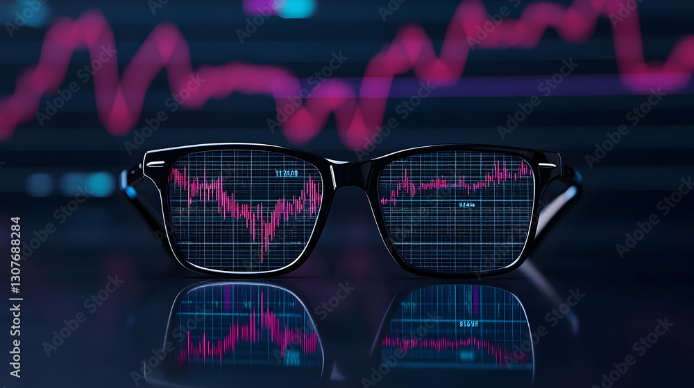 Poster data visualization through glasses with stock market graph reflection