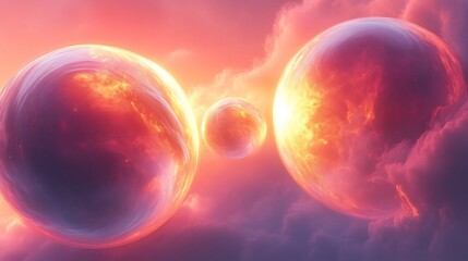 Fiery orange planets float gently in soft pink clouds a breathtaking cosmic scene. AI Generated