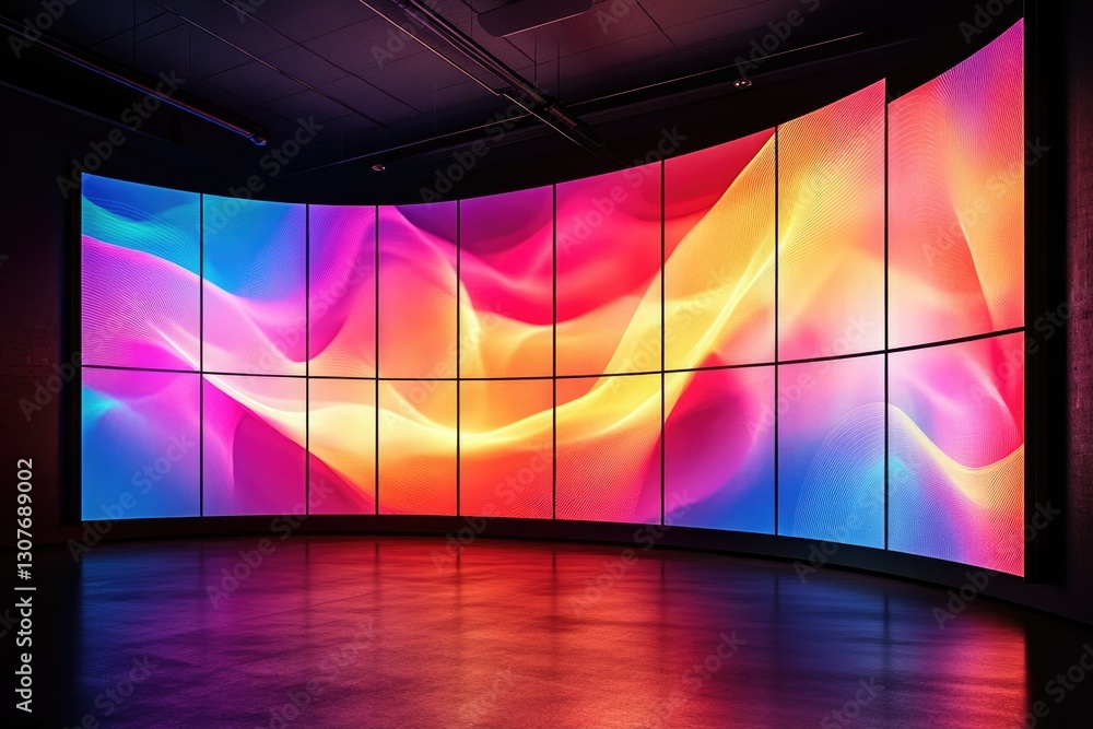 Aufkleber curved led screen displaying vibrant abstract artwork with flowing, multicolored waves.