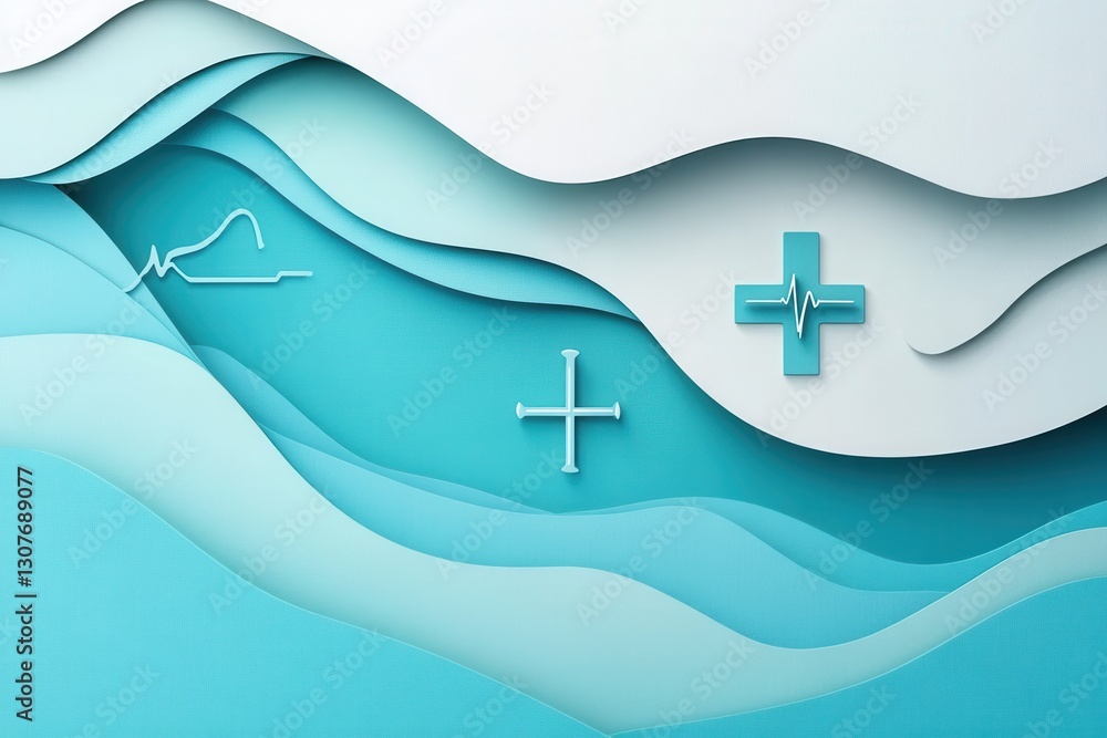 Aufkleber layered paper art background in calming blue with medical symbols for creative design generative ai