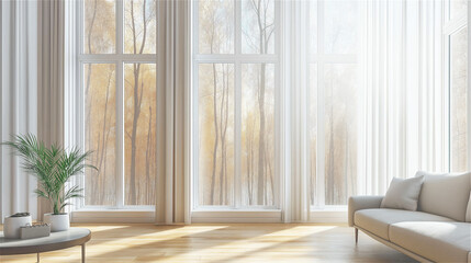 Minimalist interior with soft natural light filtering through curtains, creating serene living space with elegant sofa and indoor plant, embodying contemporary home design.