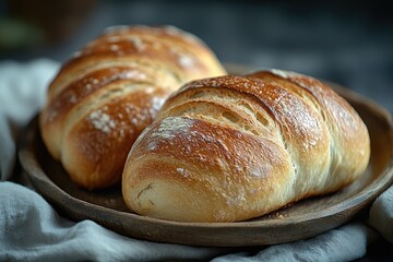 Golden-brown crusty loaves of artisan bread, freshly baked and displayed on a rustic wooden tray.