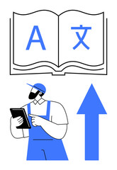 Open book with multilingual characters, man in uniform using tablet, blue arrow pointing up. Ideal for learning, growth, technology, education, multilingual access, innovation career development