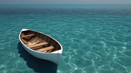 Obraz premium A wooden boat floats serenely in clear turquoise waters, with a lush tropical island visible in the background under a vibrant blue sky filled with fluffy clouds