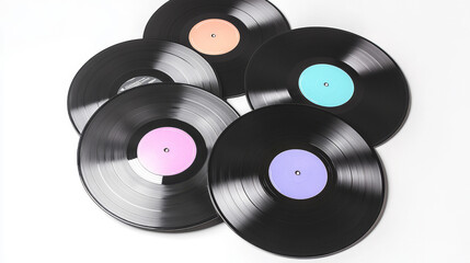 Five black vinyl records with pink, purple, light blue and light orange labels are creating a balanced composition on a minimal white background