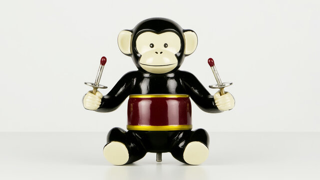 Wind up toy monkey playing cymbals, representing childhood, nostalgia, and vintage toys, isolated in a minimalist frame